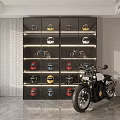 Modern Display Shelves Showcasing Colorful Helmets And Motorcycle Models With Lighting