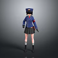 Woman In Blue Uniform With Cap Black Skirt Gloves And Boots