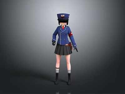 Woman In Blue Uniform With Cap Black Skirt Gloves And Boots 3d model Woman In Blue Uniform With Cap Black Skirt Gloves And Boots 3d model