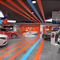 Automotive Showroom Interior With Red White Black Cars And Orange Blue Stripes