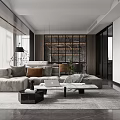 Elegant Modern Living Dining Room Interior With Large Windows Grey Sofa Dining Table Pendant Lights 3d model