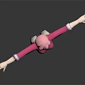 Pink Haired Blue Eyed Character in Pink Shirt Beige Pants Arms Outstretched on Gray Background