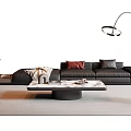 Stylish Sofa and Coffee Table Set with Black Pillows Floor Lamp Carpet and Decor