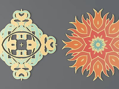 Decorative Carved Designs With Geometric And Floral Patterns In Vibrant Turquoise Yellow Orange And Blue 3d model