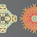Decorative Carved Designs With Geometric And Floral Patterns In Vibrant Turquoise Yellow Orange And Blue