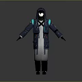 Game Movie Character In Long Hooded Coat With Blue Accents Multiple Pockets And White Lining