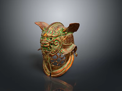 Ancient Weapon Helmet Featuring Bronze Intricate Carvings Mythical Beast Patterns And Openwork Design 3d model