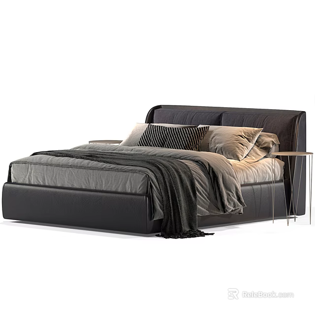 Modern Leather Double Bed With Dark Headboard Gray Bedspread Throw Blanket Pillows And Metal Nightstand 3d model 