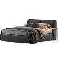 Modern Leather Double Bed With Dark Headboard Gray Bedspread Throw Blanket Pillows And Metal Nightstand