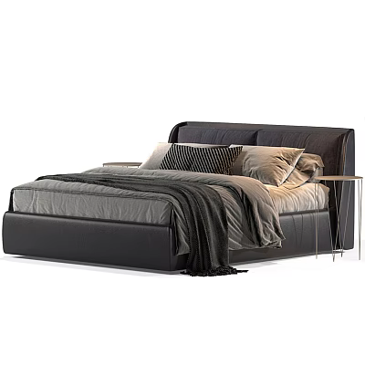 Modern Leather Double Bed With Dark Headboard Gray Bedspread Throw Blanket Pillows And Metal Nightstand 3d model