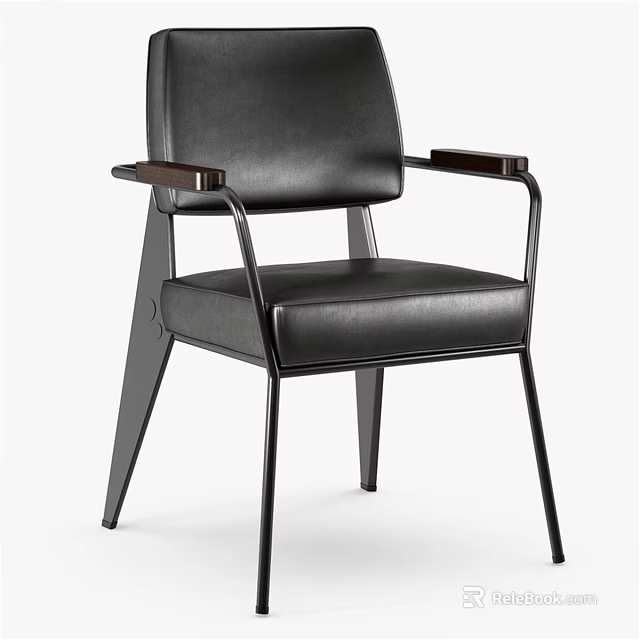 Modern Black Leather Leisure Chair With Wooden Armrests And Metal Frame Design 3d model 