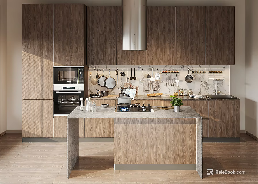 Elegant Modern Kitchen Interior With Wooden Cabinets And Marble Island Countertop 3d model 