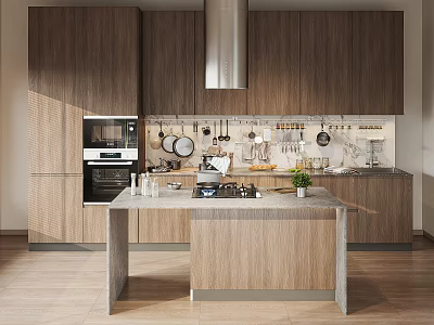 Elegant Modern Kitchen Interior With Wooden Cabinets And Marble Island Countertop 3d model