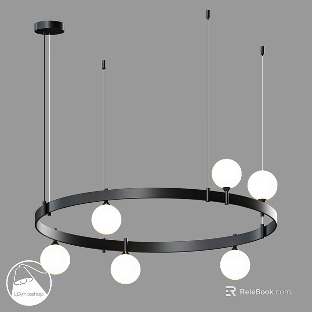 Modern Circular Chandelier Design with Black Frame and White Spherical Bulbs 3d model 
