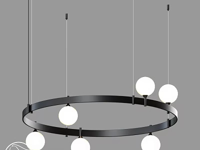 Modern Circular Chandelier Design with Black Frame and White Spherical Bulbs 3d model