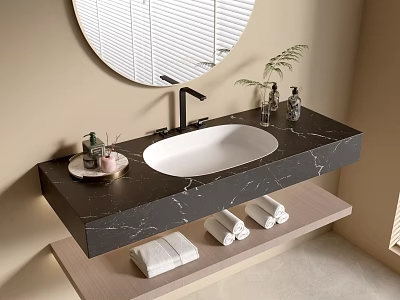 Modern Bathroom Vanity Cabinet With Black Marble Countertop White Basin Round Mirror And White Towels 3d model