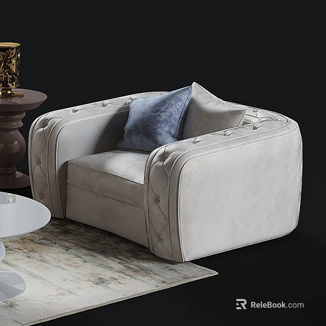 Light Gray Velvet Single Sofa With Button Tufted Accents Blue Pillow And Wooden Side Table 3d model 