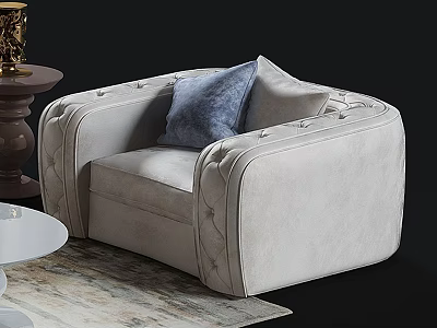 Light Gray Velvet Single Sofa With Button Tufted Accents Blue Pillow And Wooden Side Table 3d model