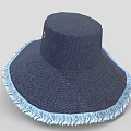 Navy Blue Wide Brim Hat With Fringe Trim And Side Button Detail