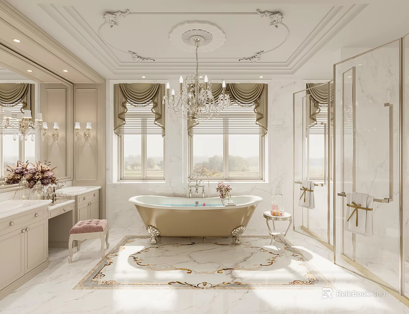 Elegant Luxurious Bathroom Interior With Golden Bathtub Marble Floor And Chandelier 3d model 