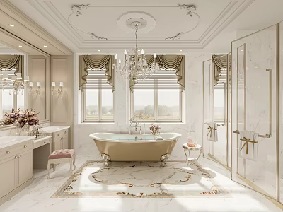 Elegant Luxurious Bathroom Interior With Golden Bathtub Marble Floor And Chandelier 3d model