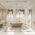 Elegant Luxurious Bathroom Interior With Golden Bathtub Marble Floor And Chandelier