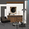 Elegant Modern Living Room Accent Chair With Wooden Cabinet White Sculpture And Round Painting
