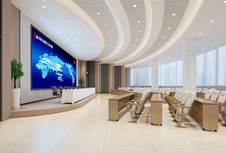 Modern Spacious Conference Room With Large World Map Screen And Arranged Tables Chairs 3d model 