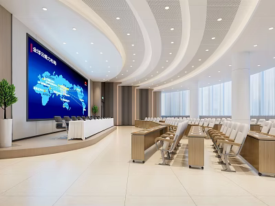Modern Spacious Conference Room With Large World Map Screen And Arranged Tables Chairs 3d model