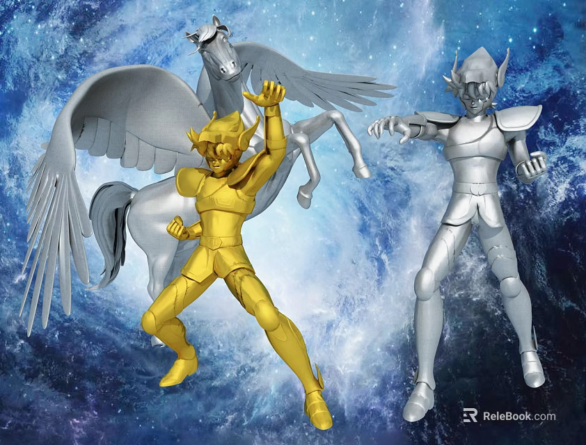 Game and Movie Characters Golden Silver Armored Figures With Winged Horse In Cosmic Starry Background 3d model 