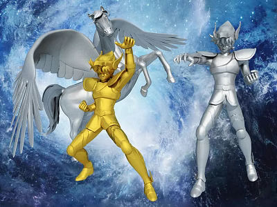 Game and Movie Characters Golden Silver Armored Figures With Winged Horse In Cosmic Starry Background 3d model