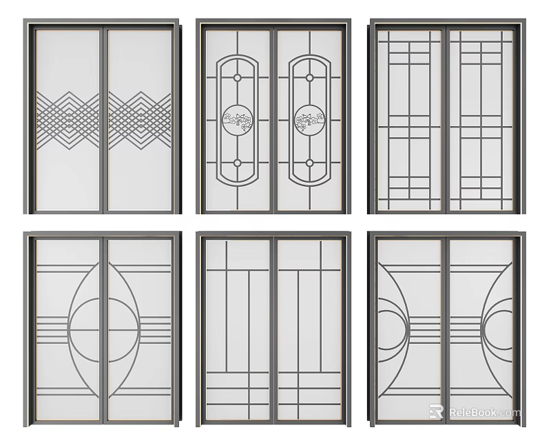 Various Glass Sliding Doors With Decorative Patterns For Home Interior Design 3d model
