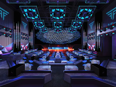 Modern Bar Interior With Neon Lights Seating Areas And Bar Counter 3d model