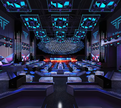 Modern Bar Interior With Neon Lights Seating Areas And Bar Counter 3d model