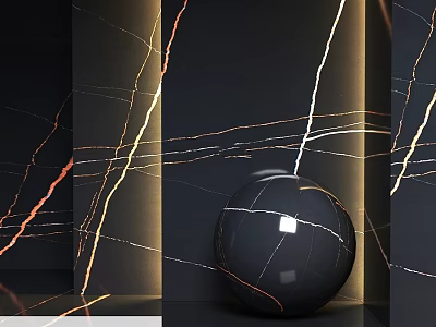 Black Sphere Component Featuring Golden Lines On Dark Backdrop With Lighting 3d model