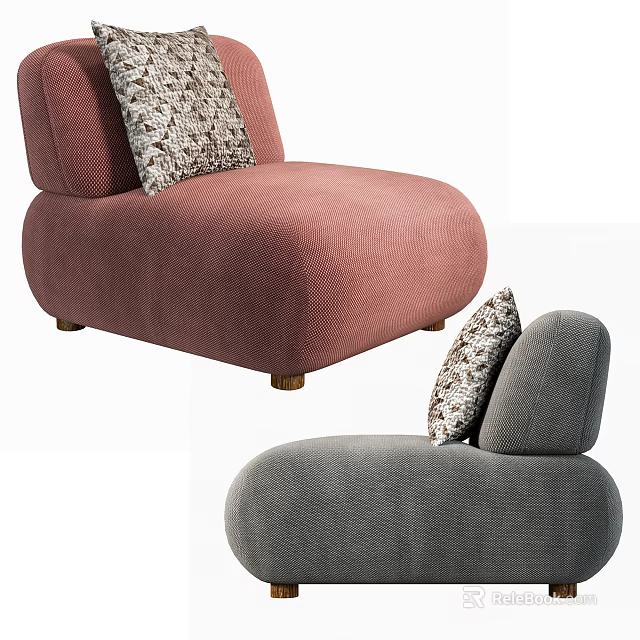 Pink and Gray Single Sofa with Rounded Design and Patterned Decorative Pillows 3d model