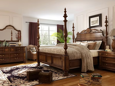 Wooden Four Poster Double Bed in Traditional Bedroom with Nightstand Dresser Rug Curtains and Plant 3d model