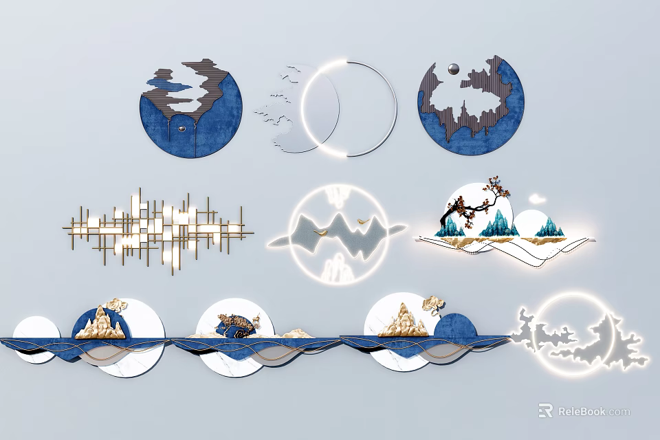 Modern Circular Wall Decor With Mountain Water Patterns Deer Elements And Lighting Design 3d model