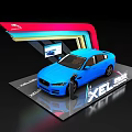 Automotive Display Shelf Featuring Blue Jaguar XEL Car on Colorful Curved Exhibition Platform