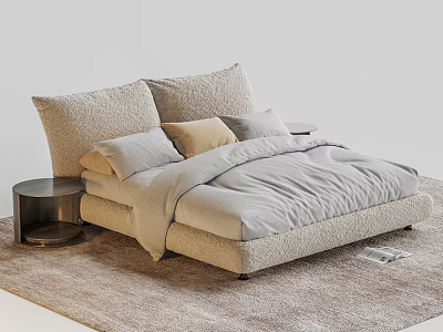 Modern Double Bed With Beige And Gray Pillows Gray Quilt Round Nightstand On Light Rug 3d model