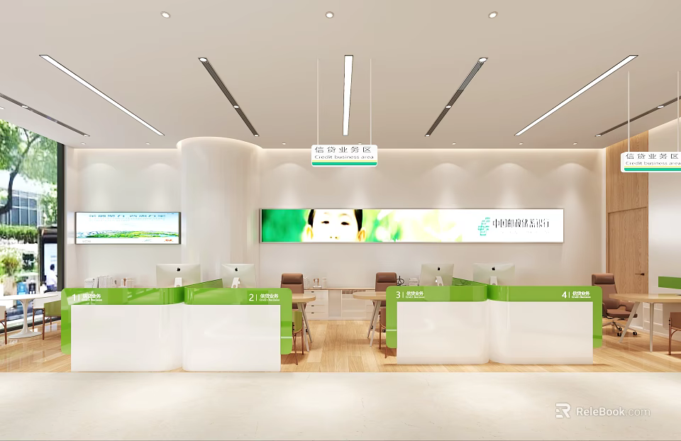 Modern Bank Interior Design With Green Service Counters And Customer Lobby Area 3d model 