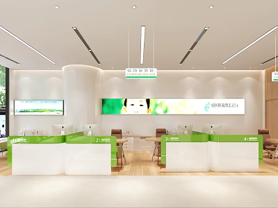 Modern Bank Interior Design With Green Service Counters And Customer Lobby Area 3d model