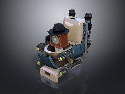 Mechanical Toilet Robot Structure Featuring Black Hat Clock Mechanical Arms And Lights 3d model