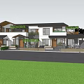 Modern Bed and Breakfast Building With Greenery Covered Balconies Outdoor Seating and Twilight Sky View