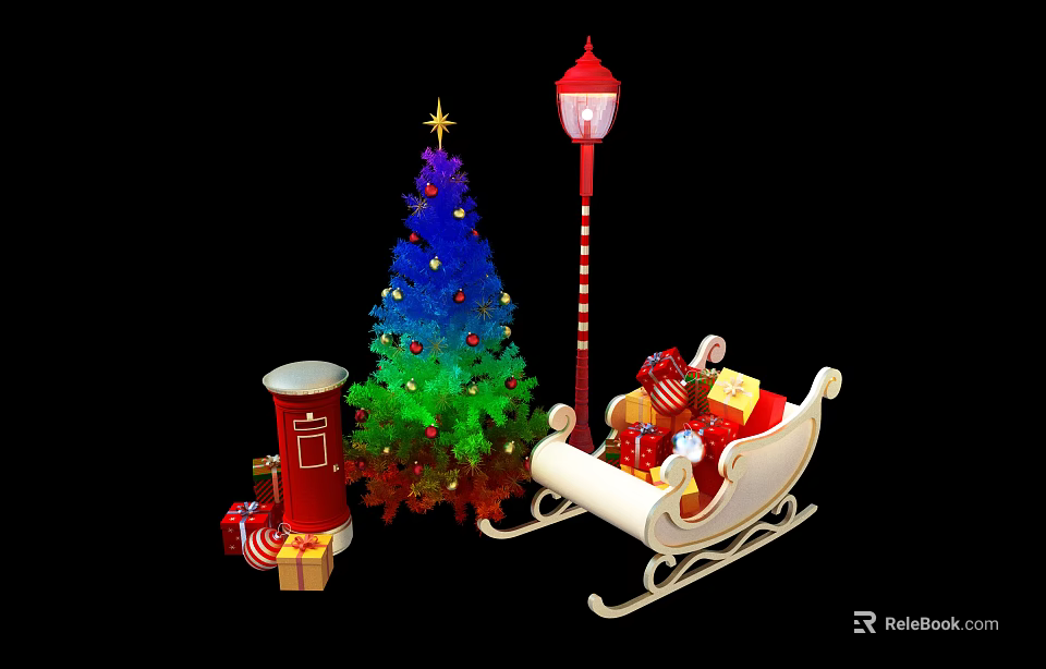 Colorful Christmas Tree With Decorations Gifts Sleigh And Street Lamp 3d model 