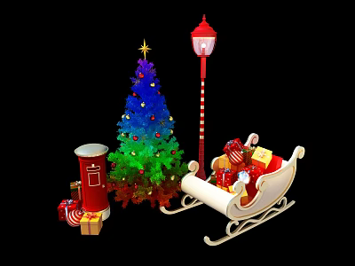Colorful Christmas Tree With Decorations Gifts Sleigh And Street Lamp 3d model