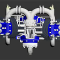 Automotive Parts Blue And White Mechanical Components With Multiple Circular Parts And Pipes