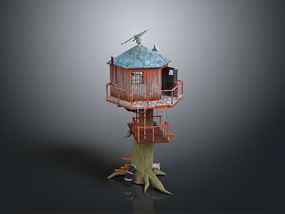Charming Treehouse Scenery With Blue Roof Red Railings Tree Roots Wooden Stairs And Satellite Dish 3d model