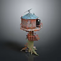 Charming Treehouse Scenery With Blue Roof Red Railings Tree Roots Wooden Stairs And Satellite Dish
