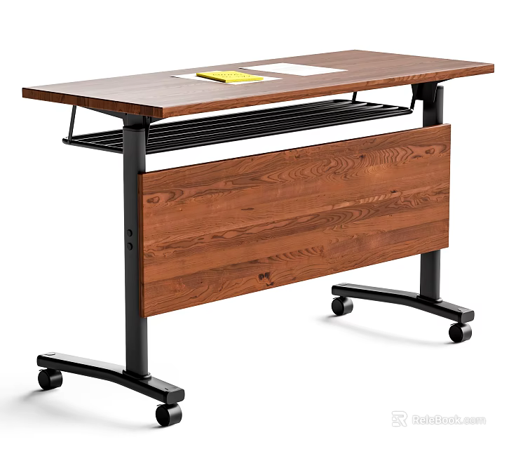 Wooden Desk With Black Metal Frame Lower Wire Shelf And Rolling Wheels 3d model 
